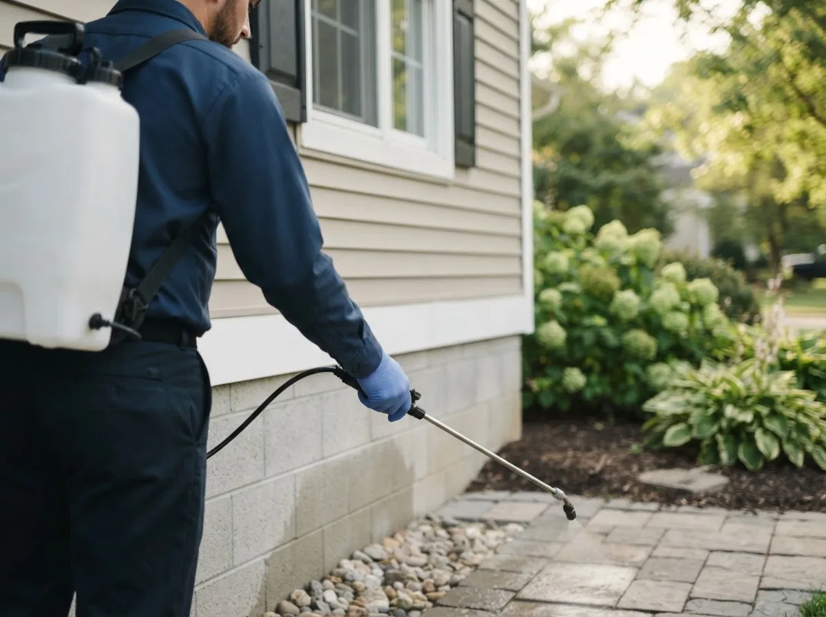 Pest control technician inspecting a home in Bellevue, NE